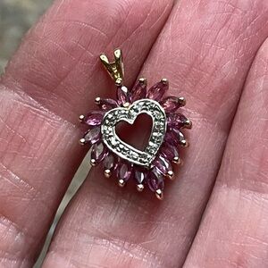 Vintage Genuine 10K Plumb Gold Ruby And Diamond Heart Pendant And goldtone chain